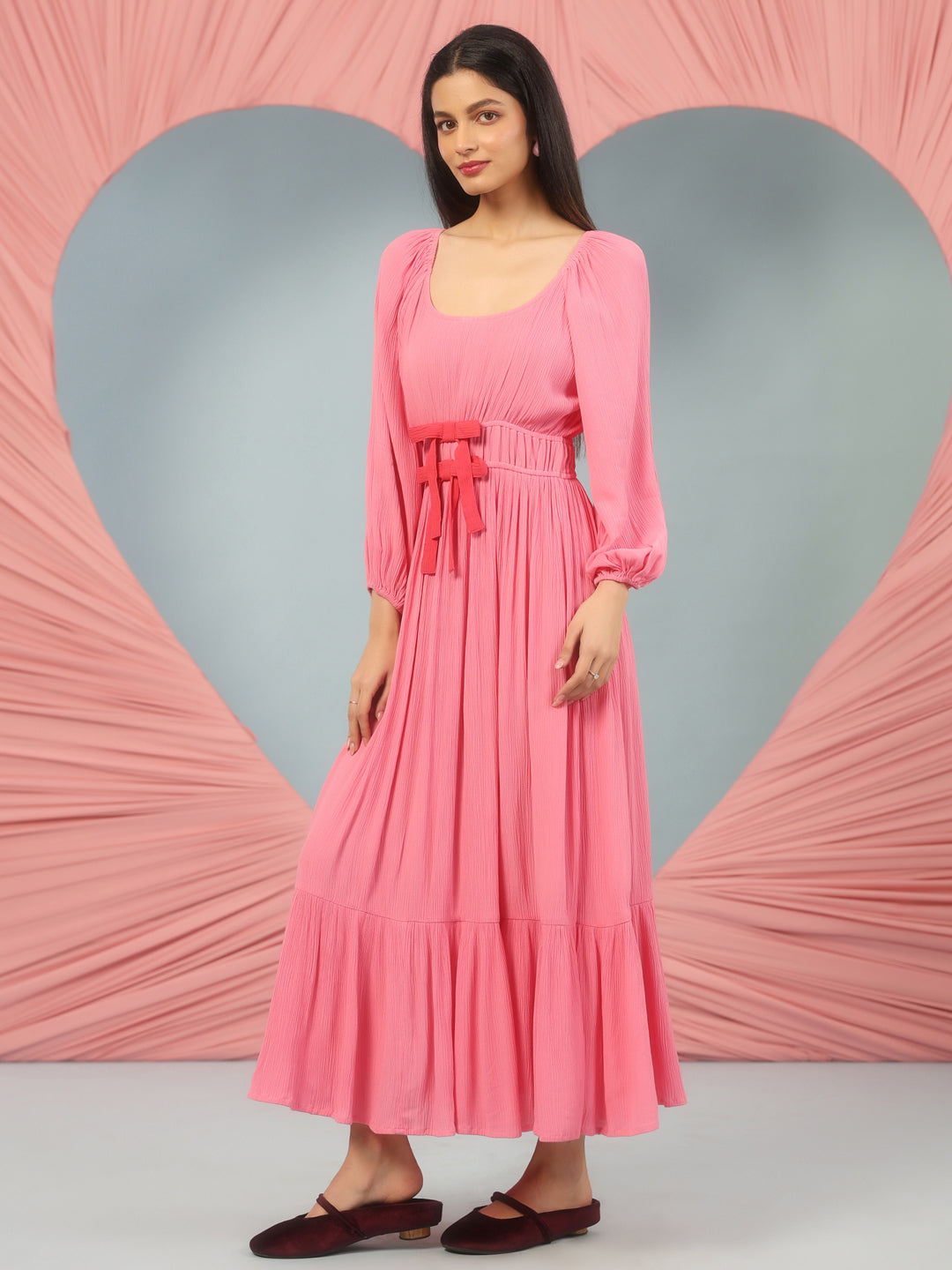 Women's Pink Long Dress With Balloon Sleeves