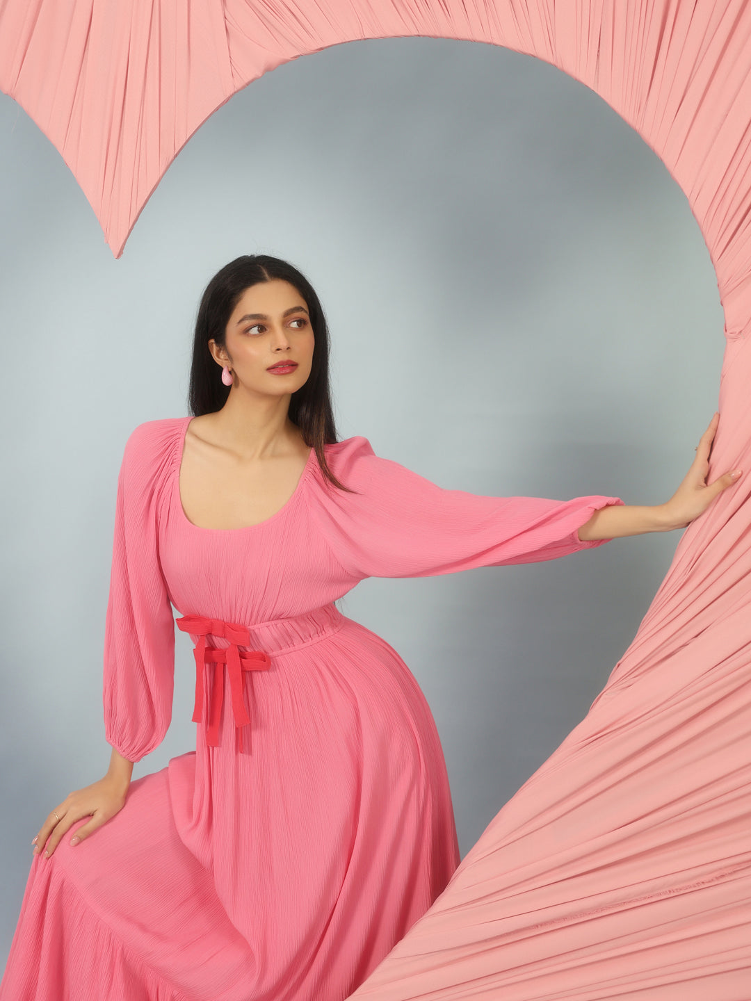 Women's Pink Long Dress With Balloon Sleeves