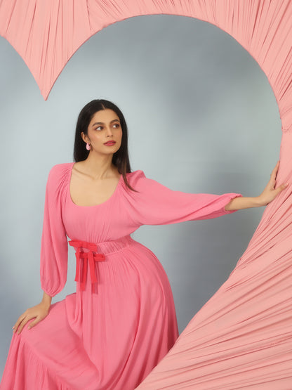 Women's Pink Long Dress With Balloon Sleeves