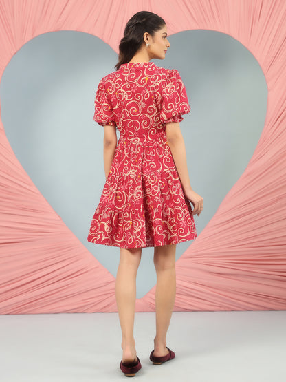 Women's Printed Puff Sleeve Short Dress