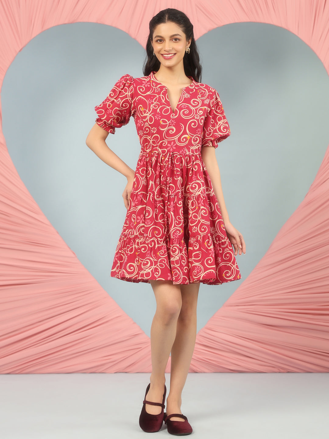 Women's Printed Puff Sleeve Short Dress