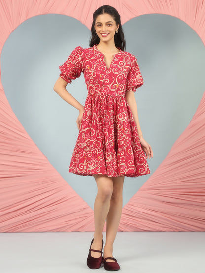 Women's Printed Puff Sleeve Short Dress