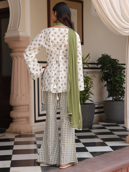 Women's Cotton Short Kurti With Flared Pants and Dupatta