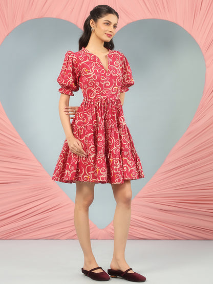 Women's Printed Puff Sleeve Short Dress