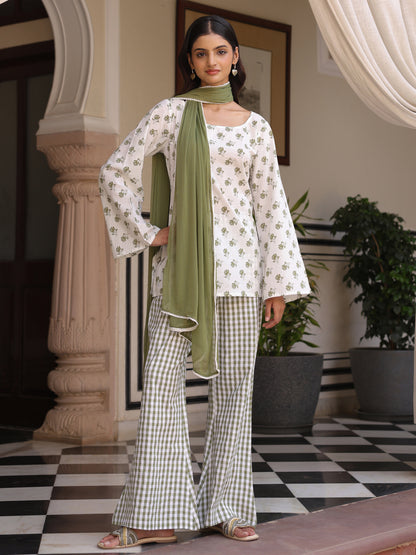 Women's Cotton Short Kurti With Flared Pants and Dupatta