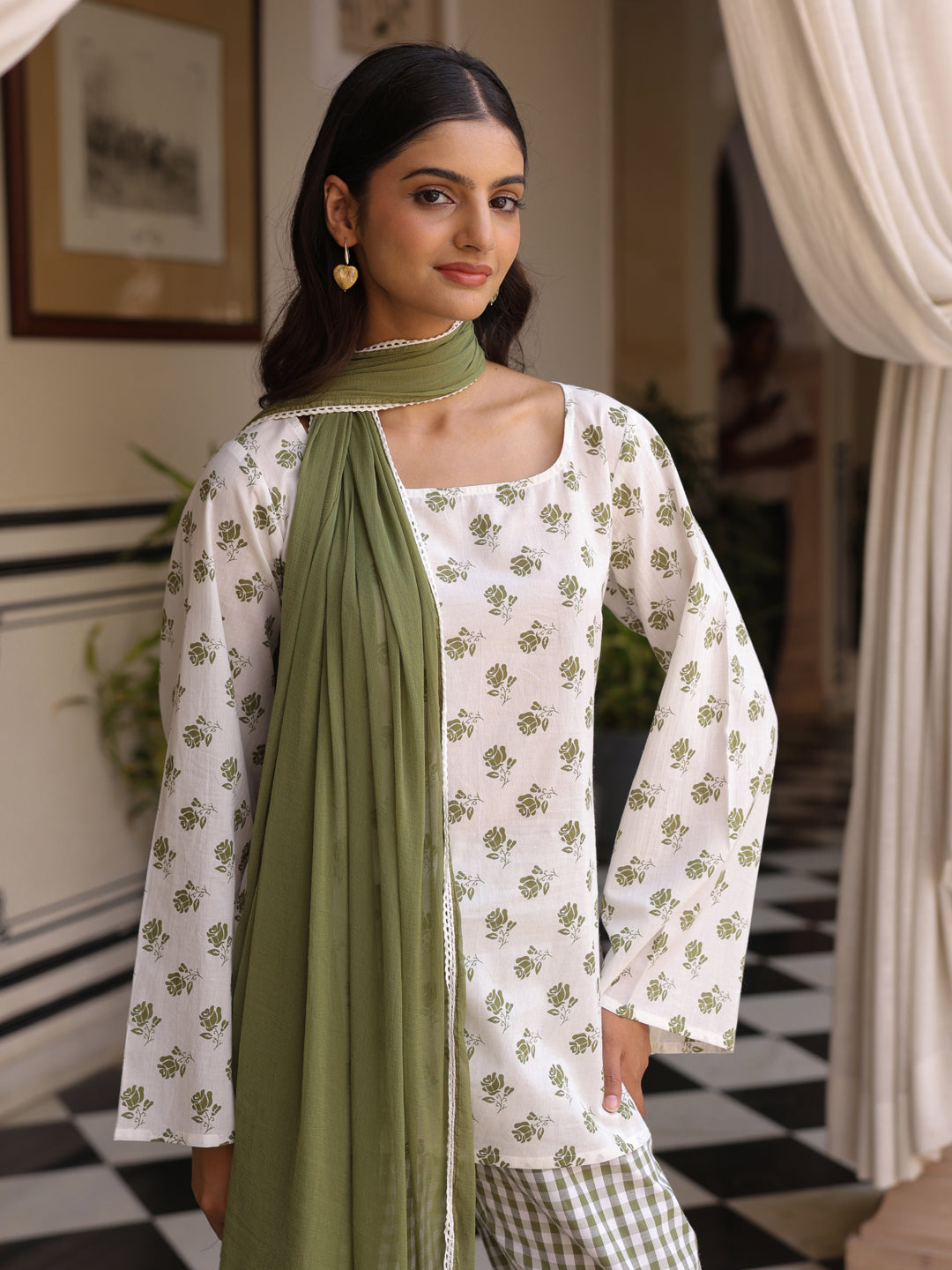 Women's Cotton Short Kurti With Flared Pants and Dupatta