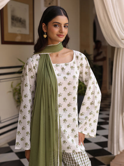 Women's Cotton Short Kurti With Flared Pants and Dupatta