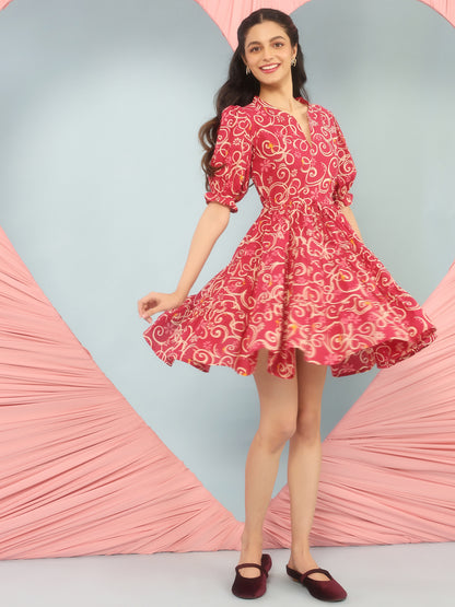 Women's Printed Puff Sleeve Short Dress