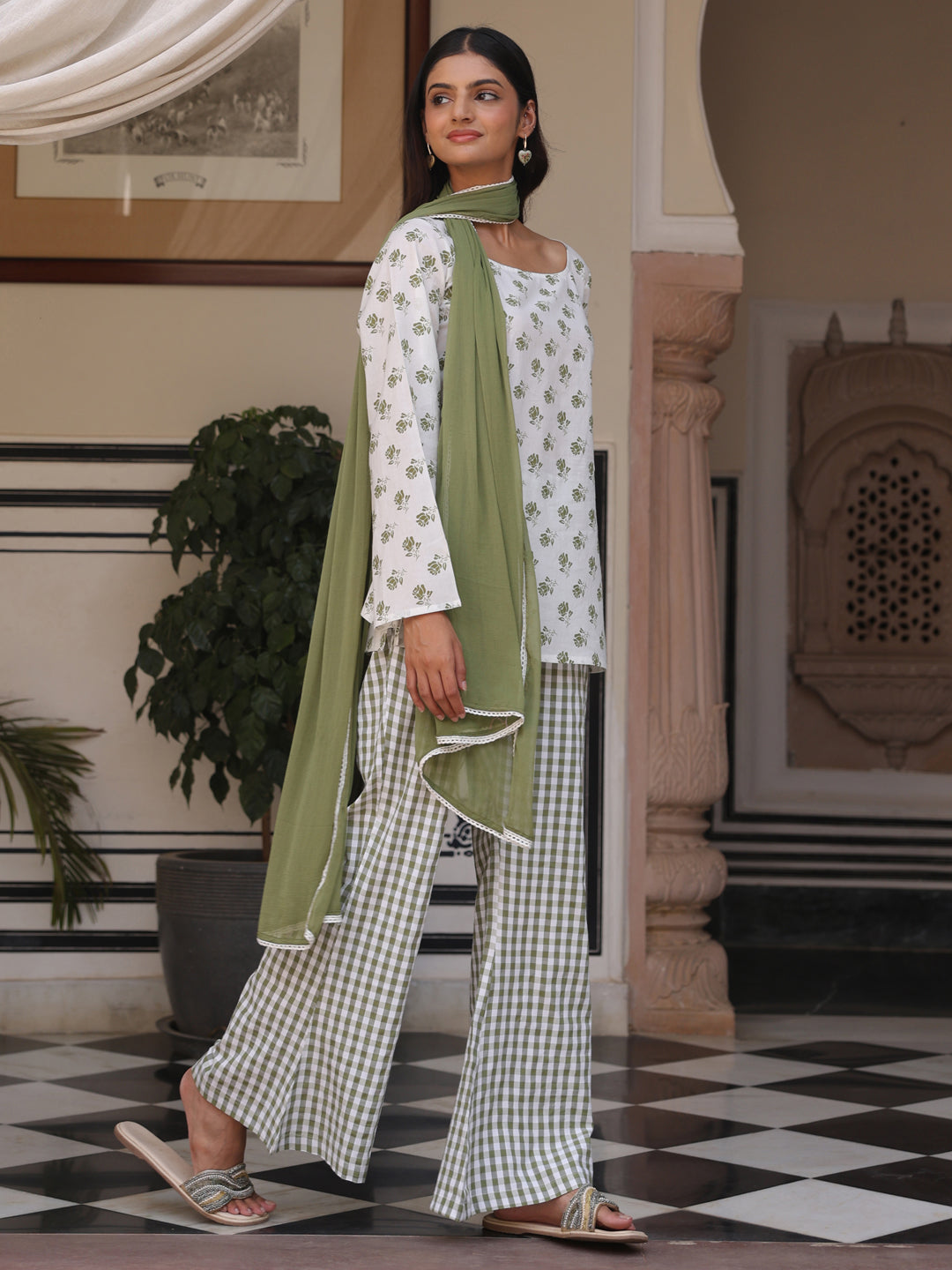 Women's Cotton Short Kurti With Flared Pants and Dupatta