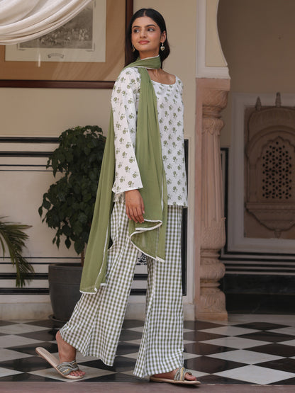 Women's Cotton Short Kurti With Flared Pants and Dupatta