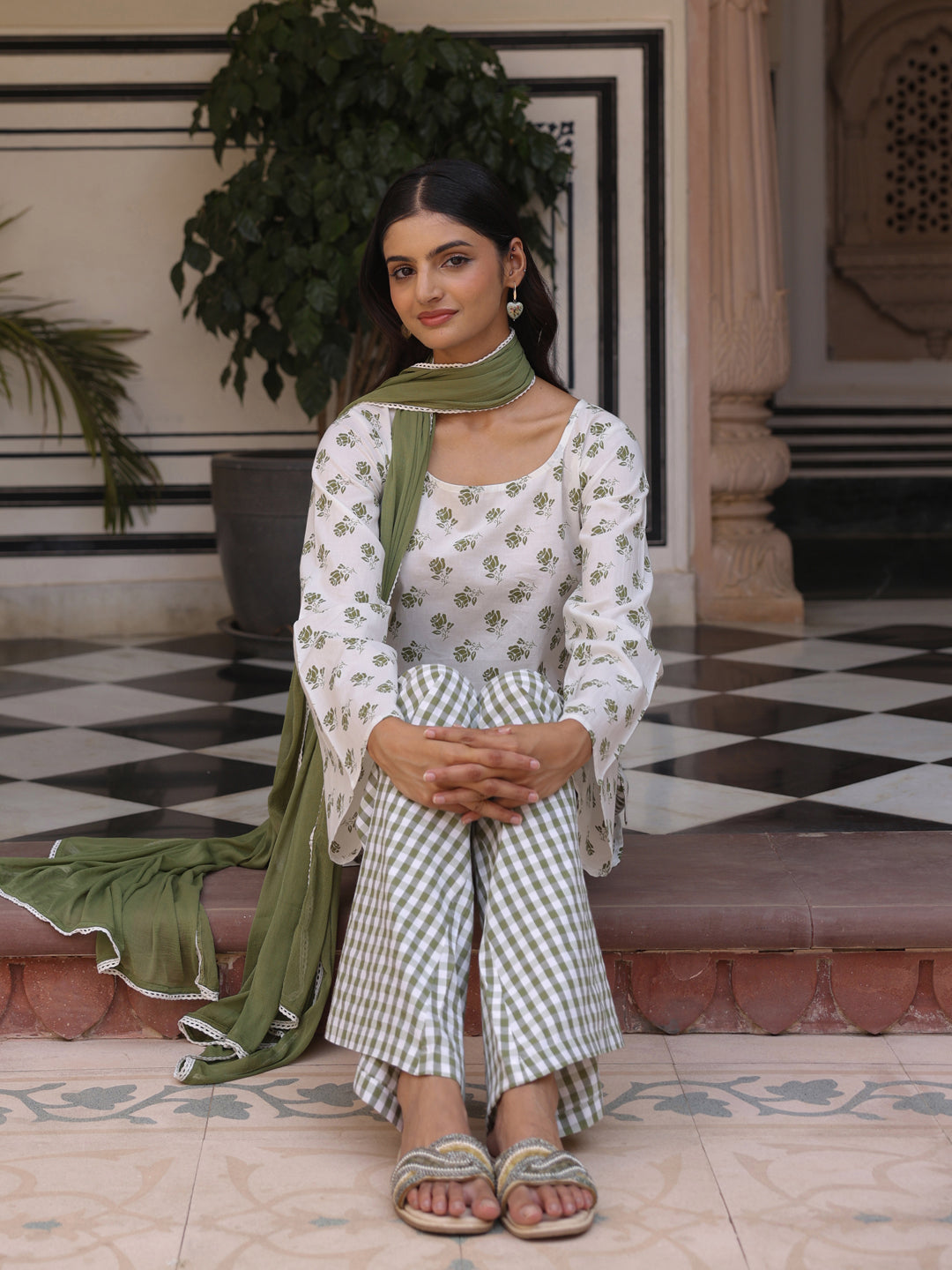 Women's Cotton Short Kurti With Flared Pants and Dupatta