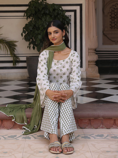 Women's Cotton Short Kurti With Flared Pants and Dupatta