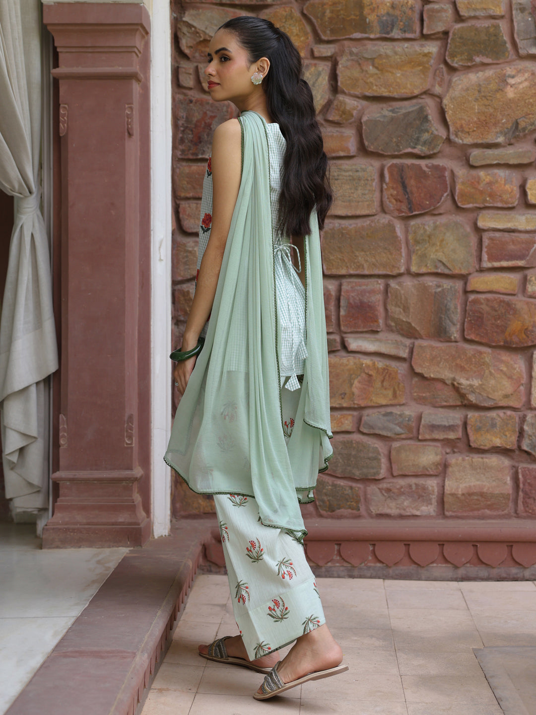 Women's Checkered Embroidered Farshi Kurta Set With Dupatta