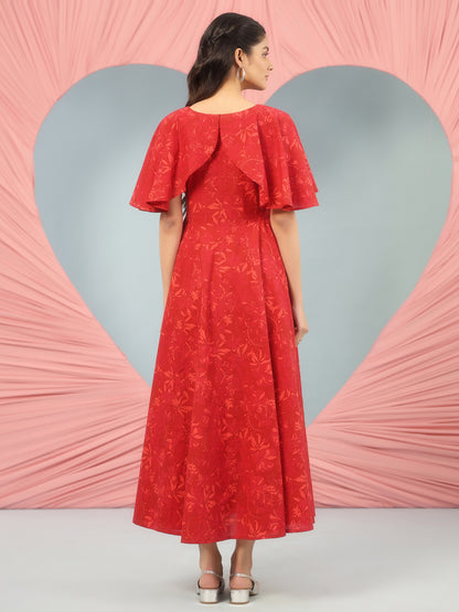 Women's Flared Printed Dress With Cape Sleeves
