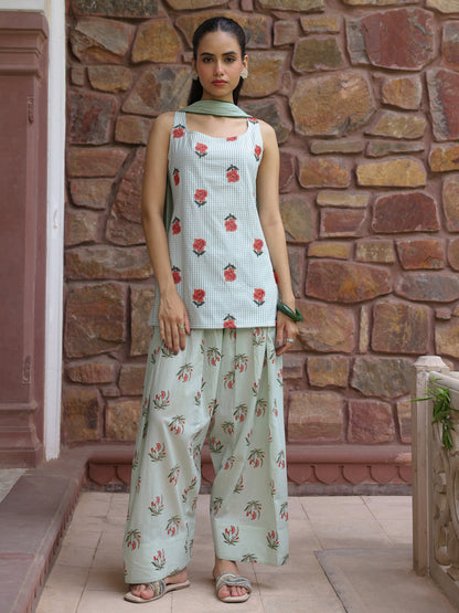 Women's Checkered Embroidered Farshi Kurta Set With Dupatta