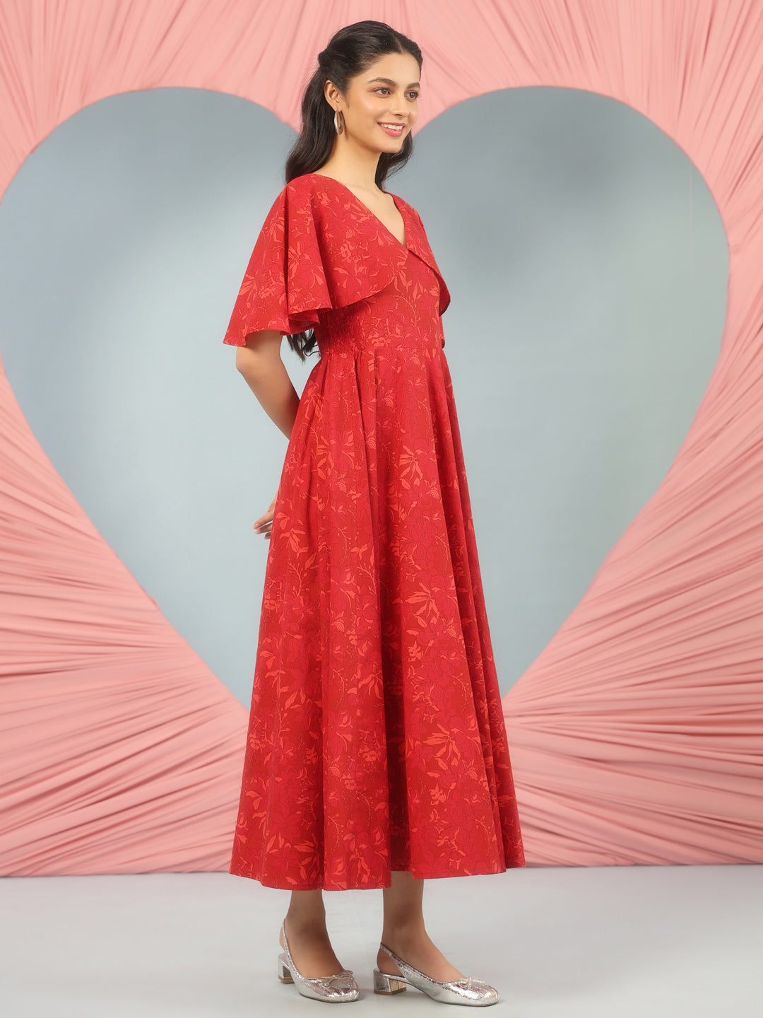 Women's Flared Printed Dress With Cape Sleeves