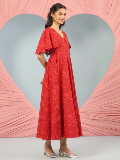 Women's Flared Printed Dress With Cape Sleeves
