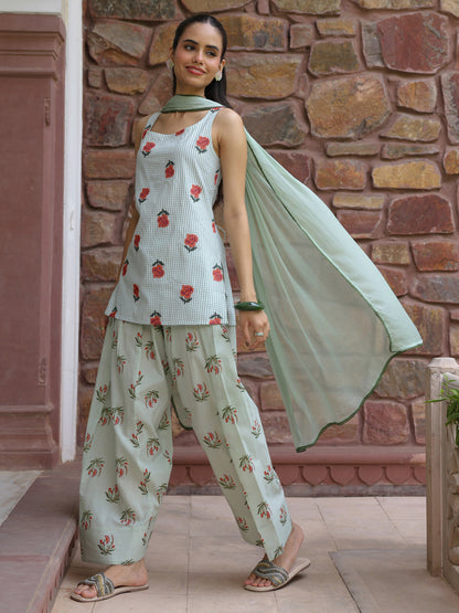 Women's Checkered Embroidered Farshi Kurta Set With Dupatta