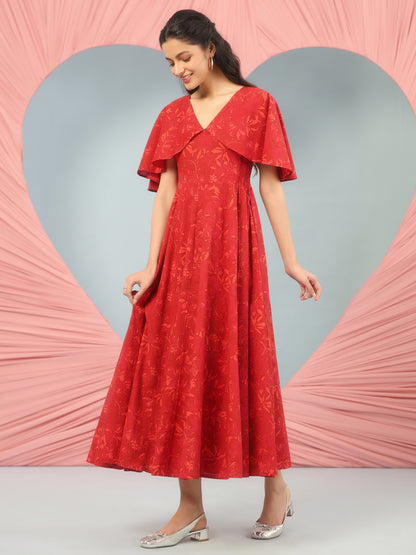 Women's Flared Printed Dress With Cape Sleeves