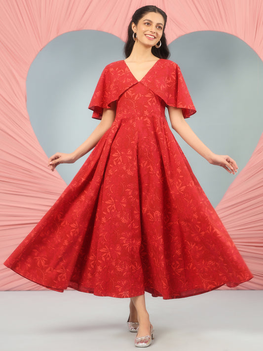 Women's Flared Printed Dress With Cape Sleeves