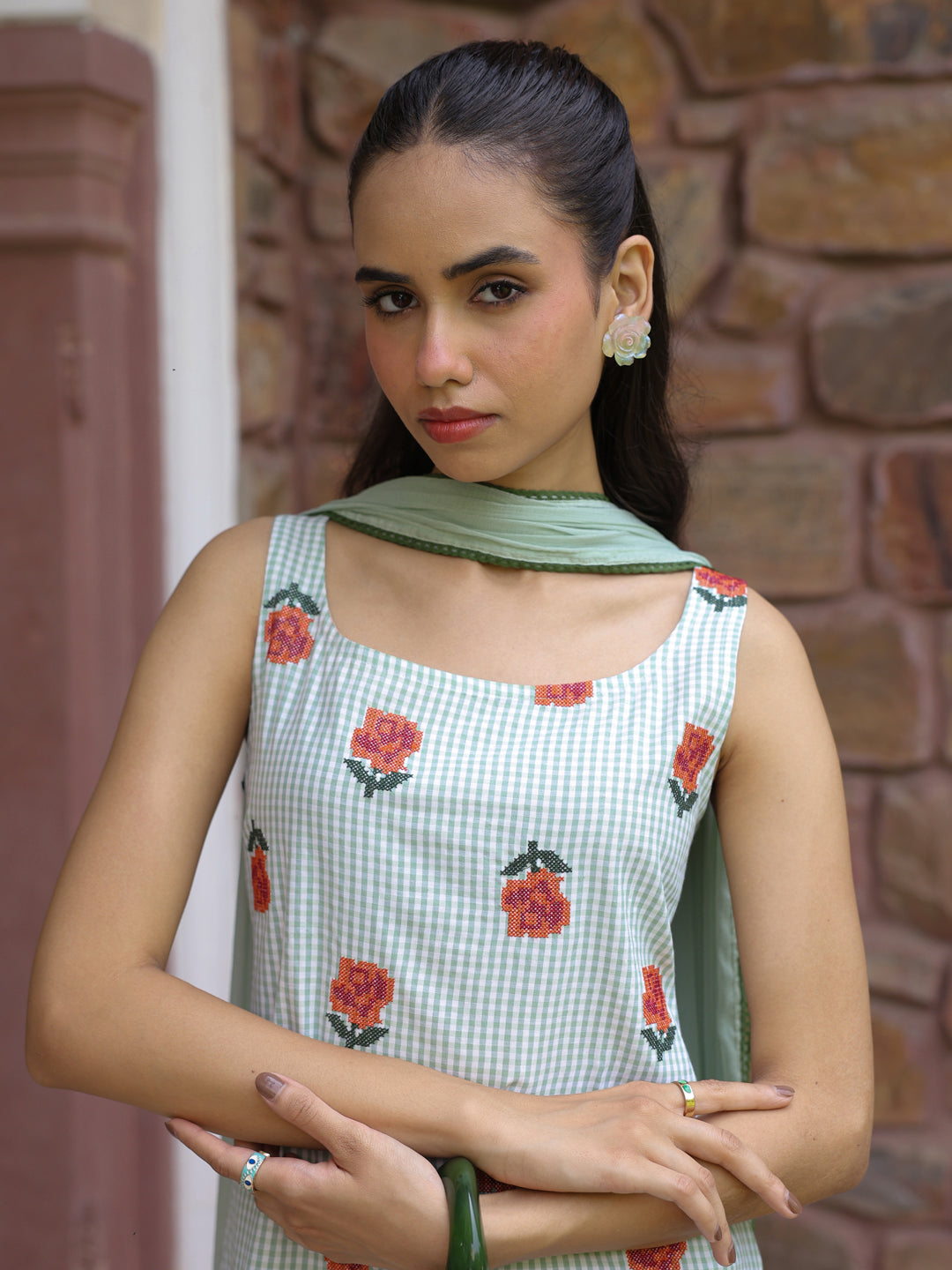 Women's Checkered Embroidered Farshi Kurta Set With Dupatta