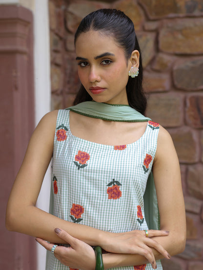 Women's Checkered Embroidered Farshi Kurta Set With Dupatta