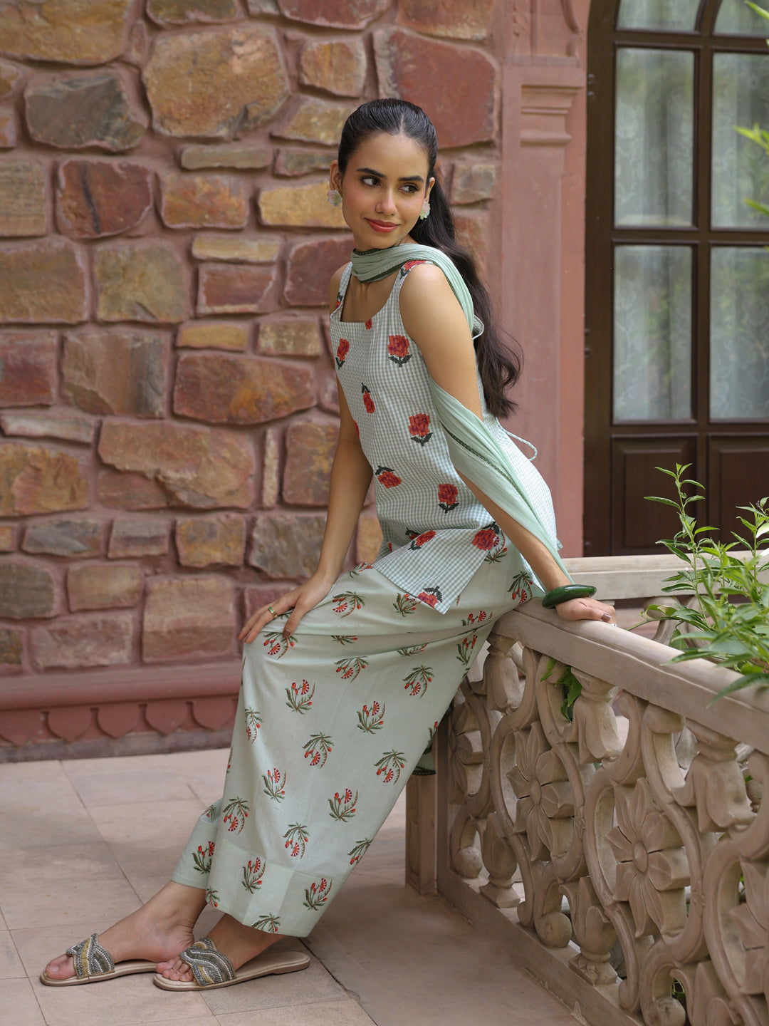 Women's Checkered Embroidered Farshi Kurta Set With Dupatta