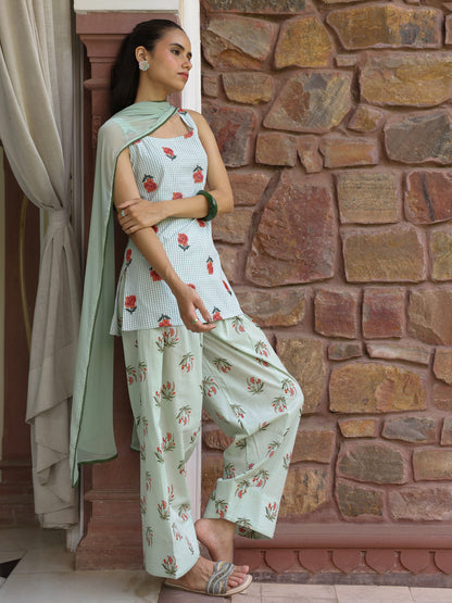 Women's Checkered Embroidered Farshi Kurta Set With Dupatta