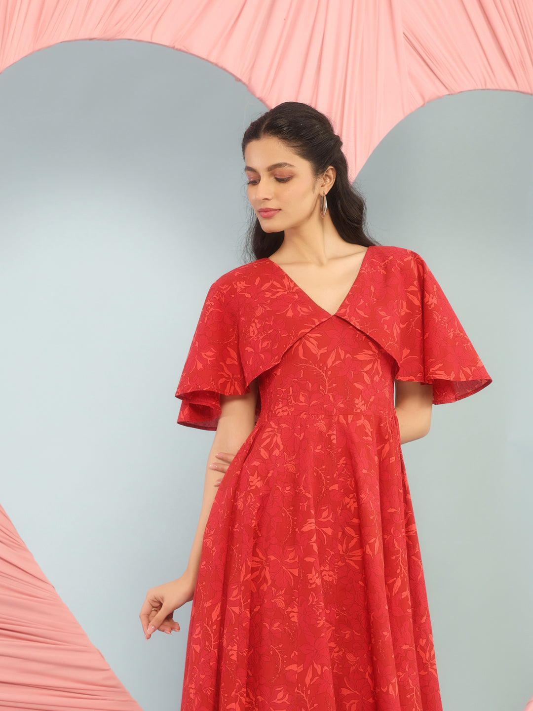 Women's Flared Printed Dress With Cape Sleeves