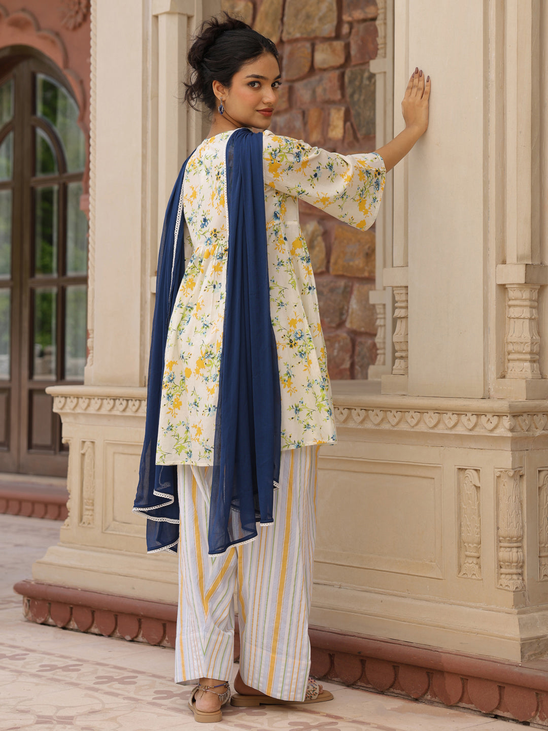 Women's Cotton Floral Embroidered Farshi Kurta Set With Dupatta