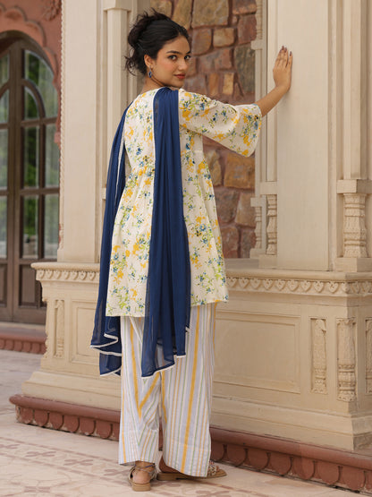 Women's Cotton Floral Embroidered Farshi Kurta Set With Dupatta