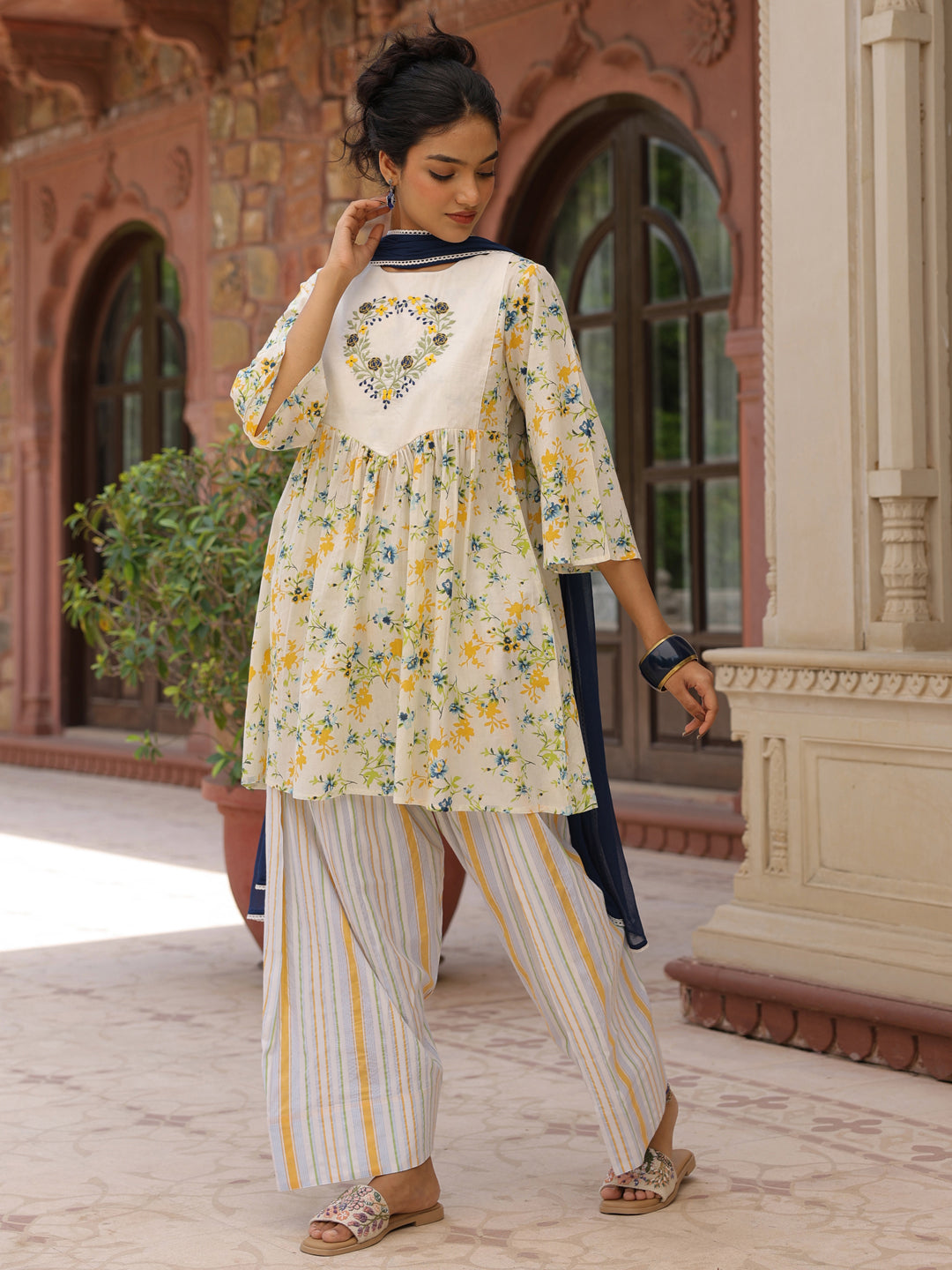 Women's Cotton Floral Embroidered Farshi Kurta Set With Dupatta