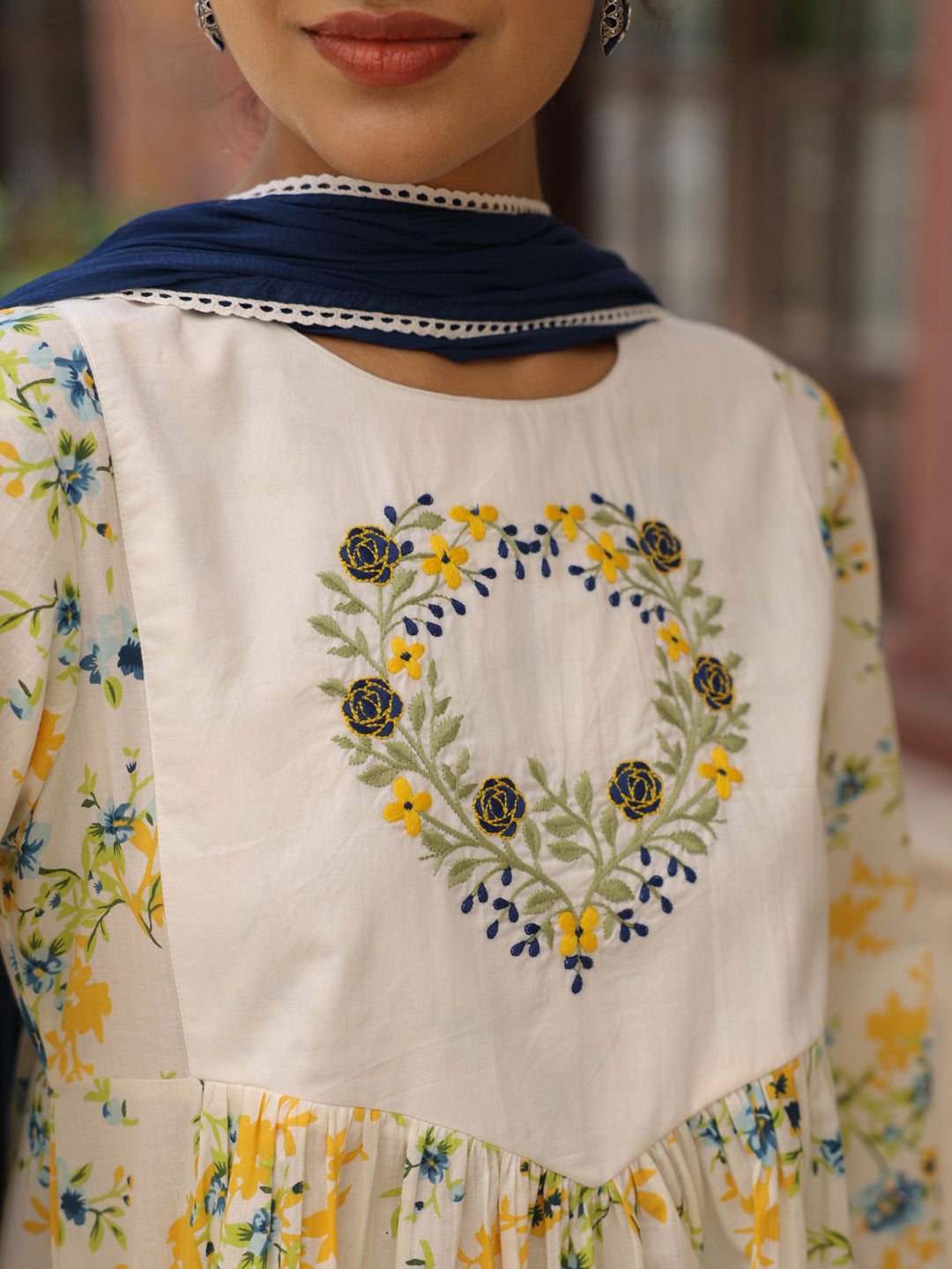Women's Cotton Floral Embroidered Farshi Kurta Set With Dupatta