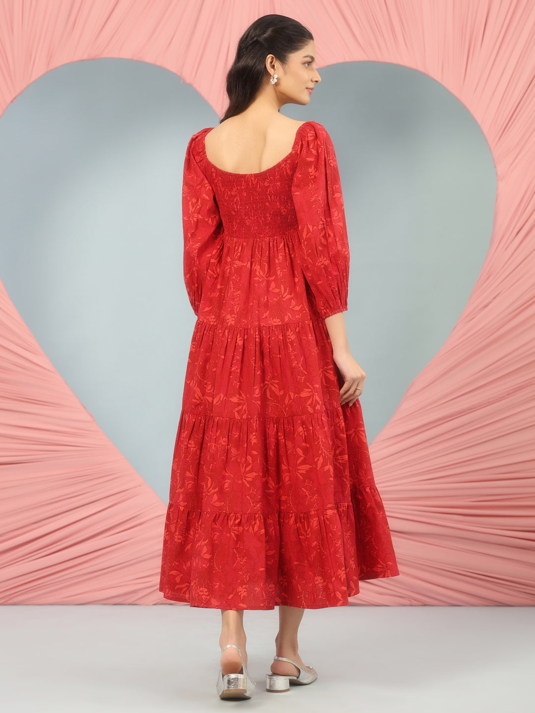 Women's Long Printed Dress With Balloon Sleeves