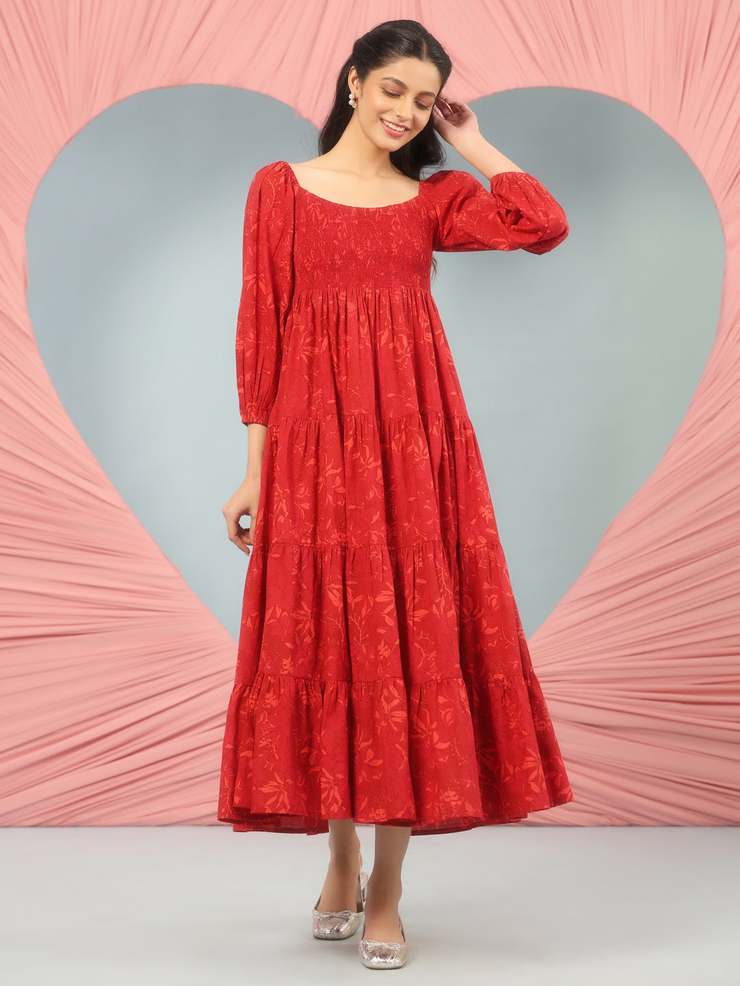 Women's Long Printed Dress With Balloon Sleeves