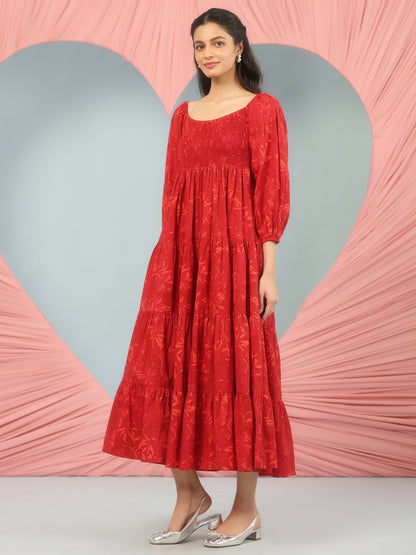 Women's Long Printed Dress With Balloon Sleeves