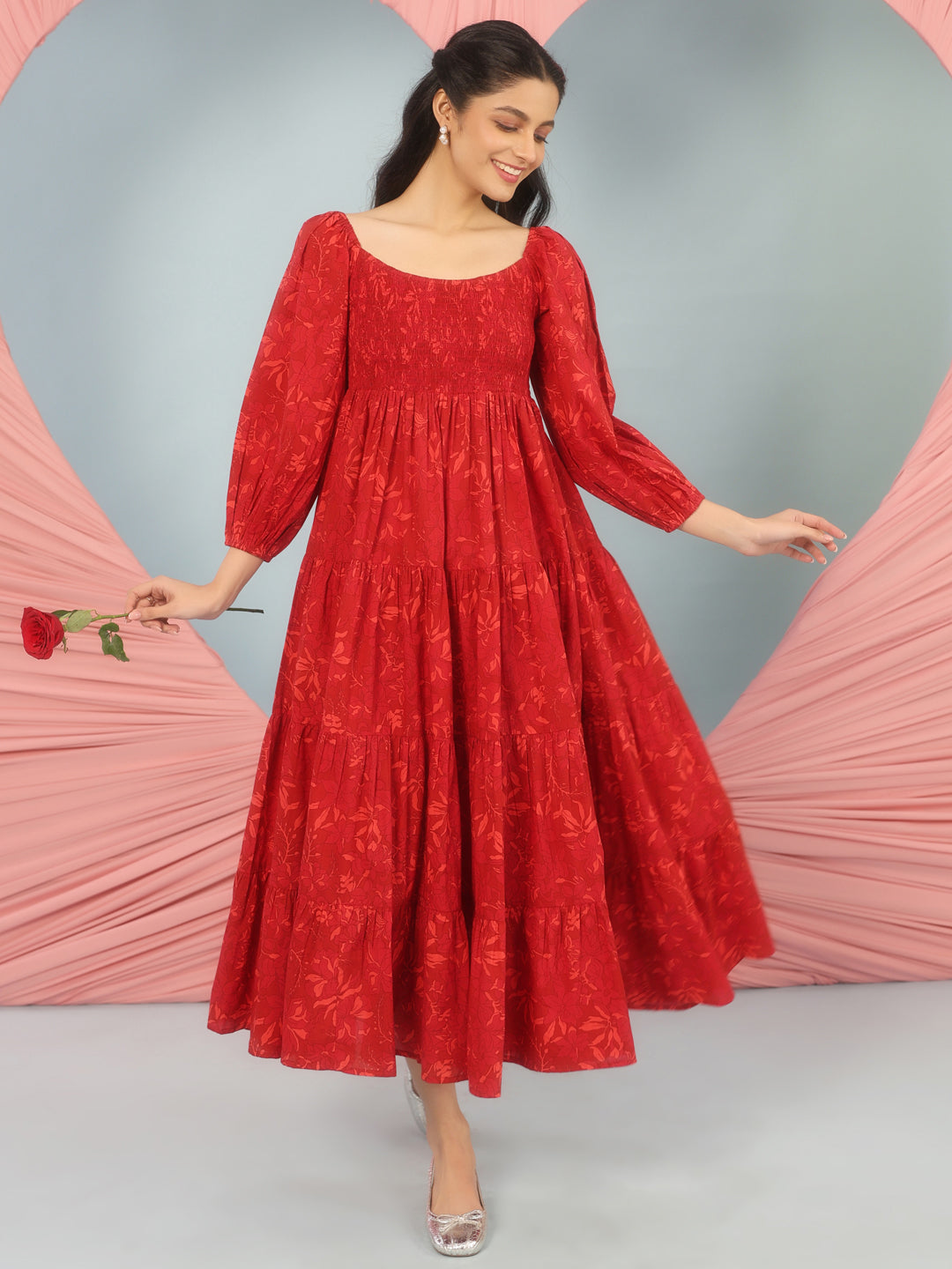 Women's Long Printed Dress With Balloon Sleeves