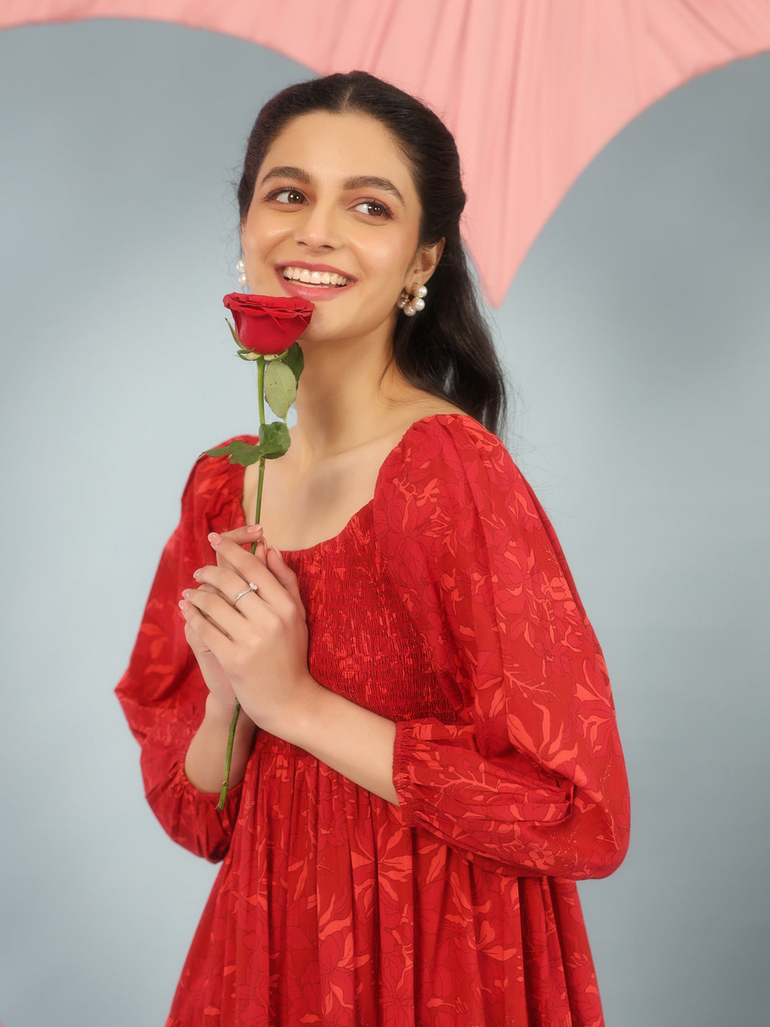 Women's Long Printed Dress With Balloon Sleeves