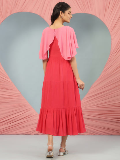 Women's Pink Flared Dress With Cape Sleeves