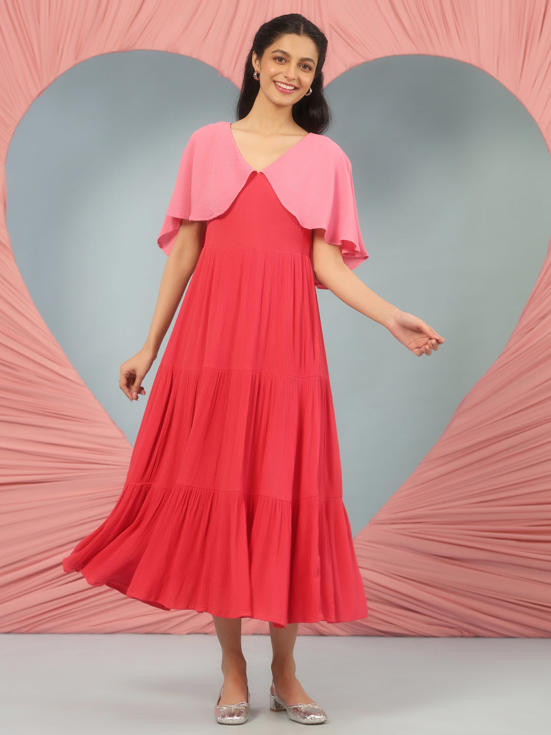 Women's Pink Flared Dress With Cape Sleeves
