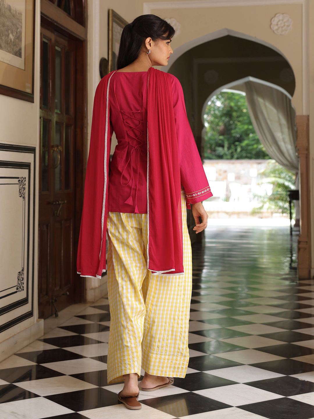 Women's Cotton Solid Embroidered Farshi Kurta Set With Dupatta
