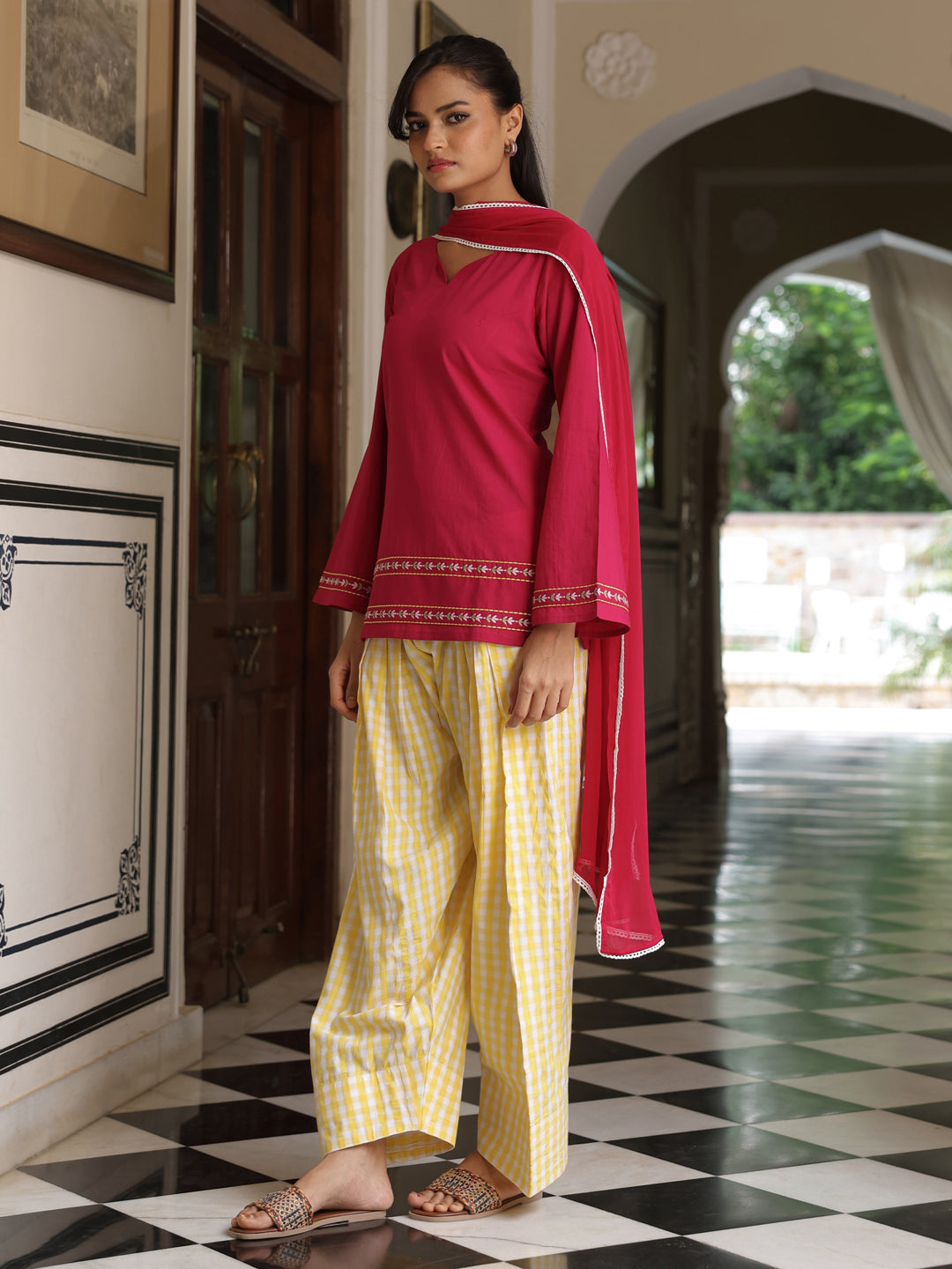 Women's Cotton Solid Embroidered Farshi Kurta Set With Dupatta