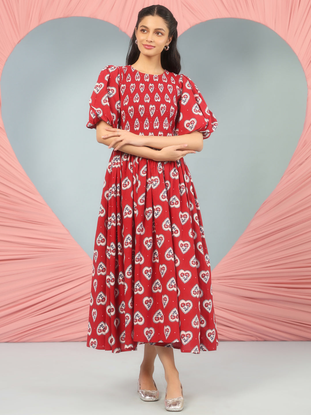 Women's Printed Smoked Bodice Cotton Printed Dress