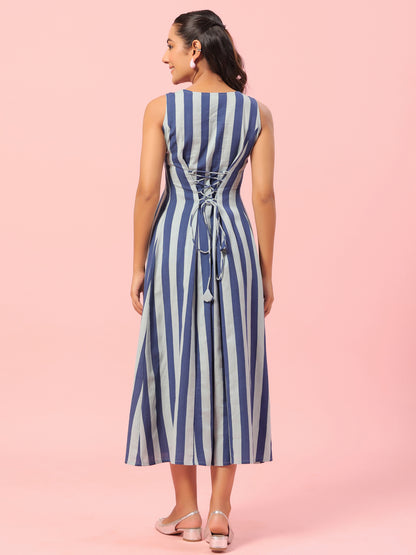 Women's Blue Striped Corset Back Midi Dress