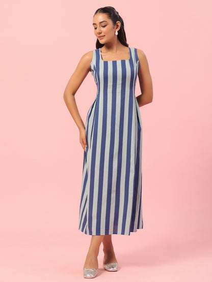 Women's Blue Striped Corset Back Midi Dress