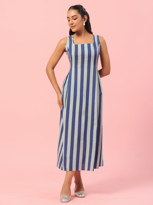 Women's Blue Striped Corset Back Midi Dress