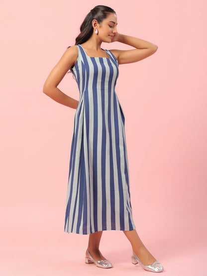 Women's Blue Striped Corset Back Midi Dress
