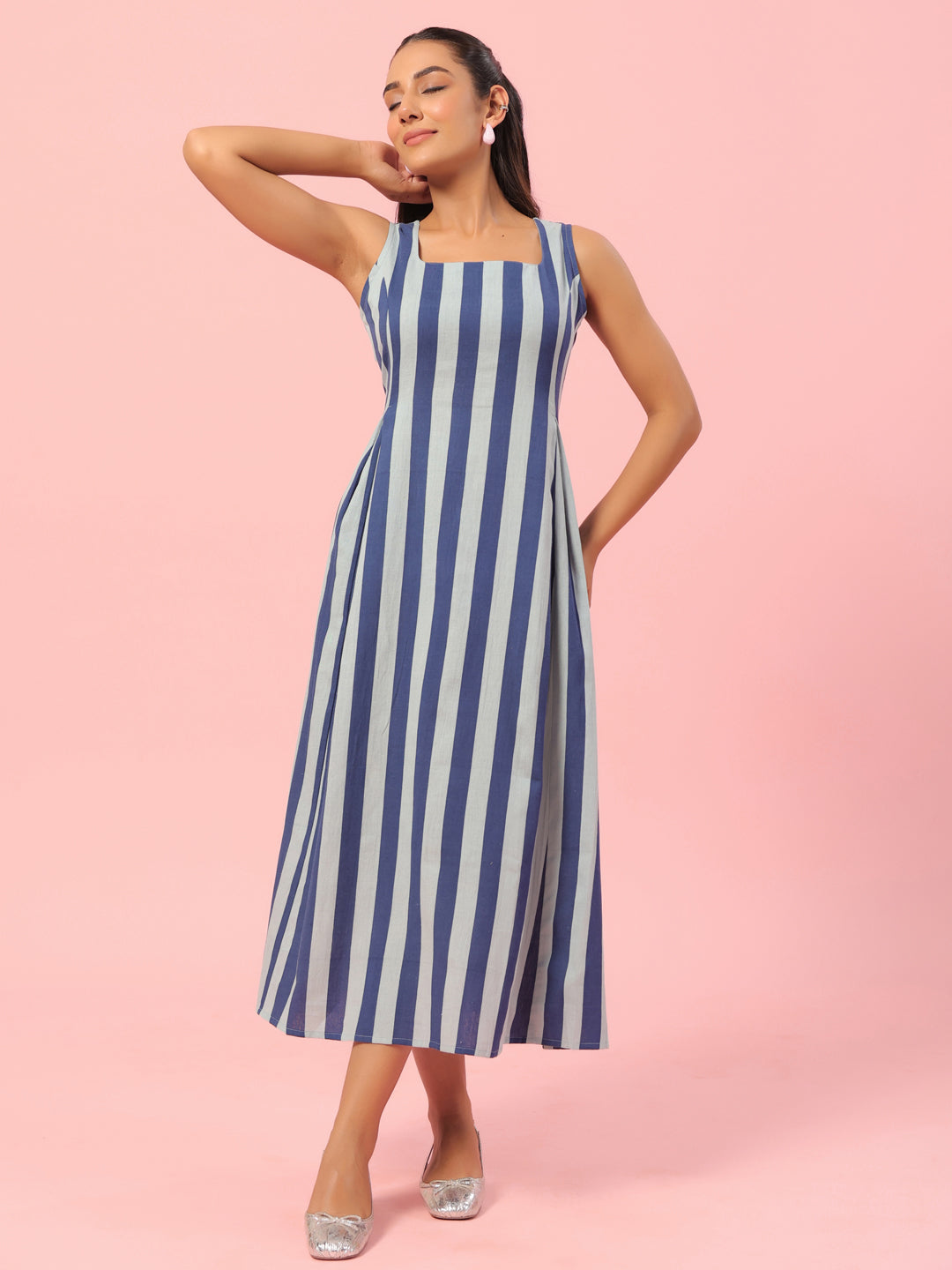 Women's Blue Striped Corset Back Midi Dress