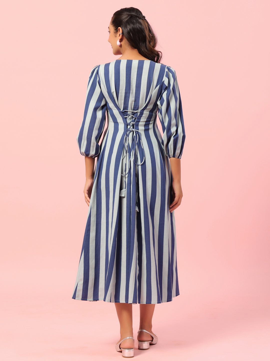 corset back midi dress Buy Women's Blue Striped Corset Back Midi Dress Online in India