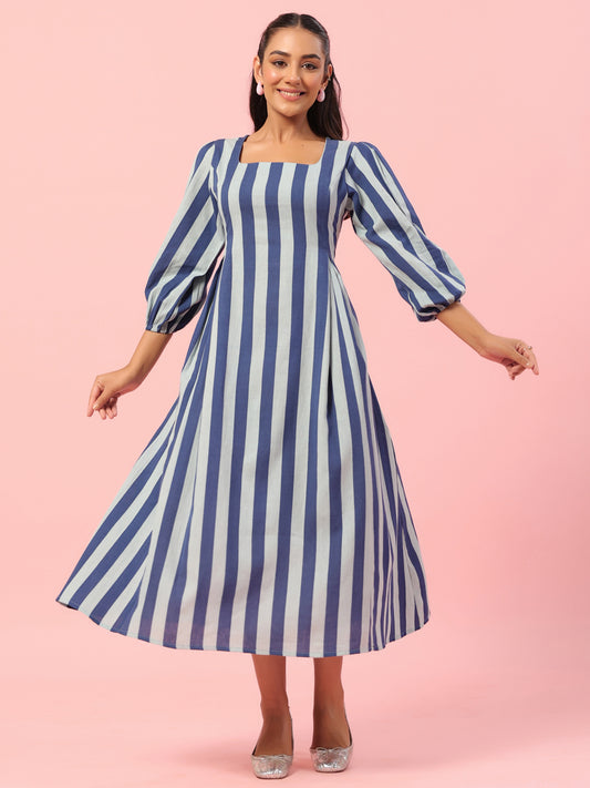 Women's Blue Striped Corset Back Midi Dress